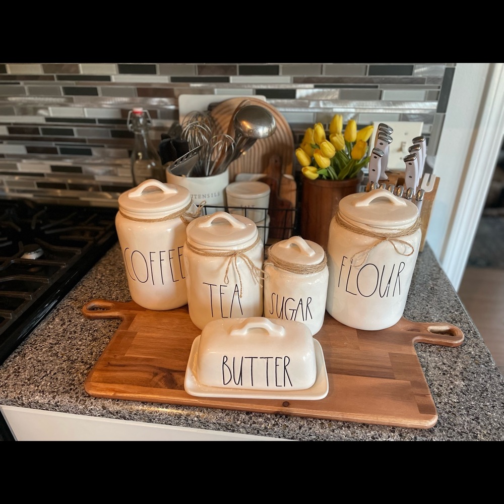 rae dunn canisters and butter dish